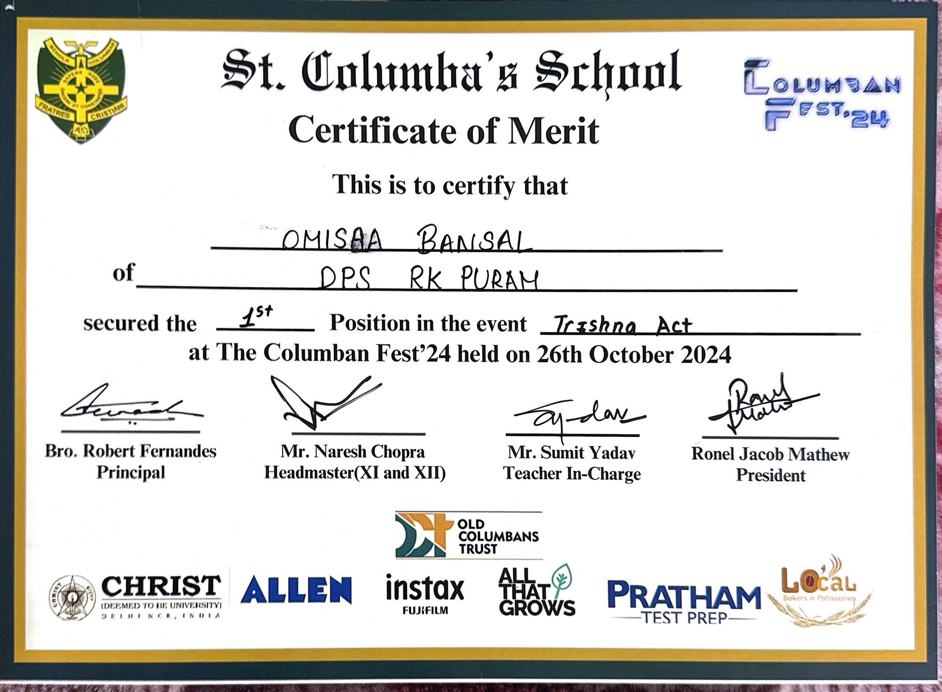 Certificate of merit - 1st position